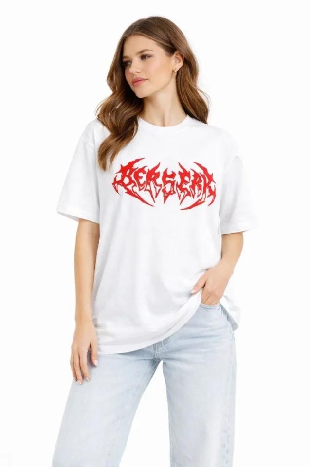 Baskılı T-Shirt Yazlık Kısa Kol Bisiklet Yaka Rahat Kalıp Tişört - Beyaz