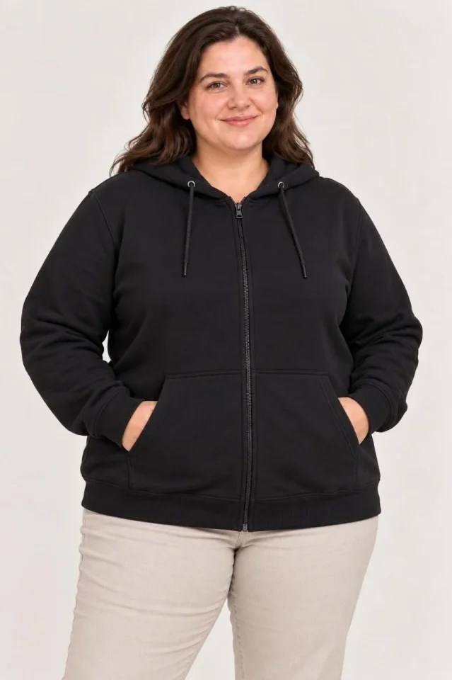 Battal Büyük Beden Üç İplik İçi Şardonlu Kapüşonlu Tam Fermuarlı Kışlık Sweatshirt - Siyah