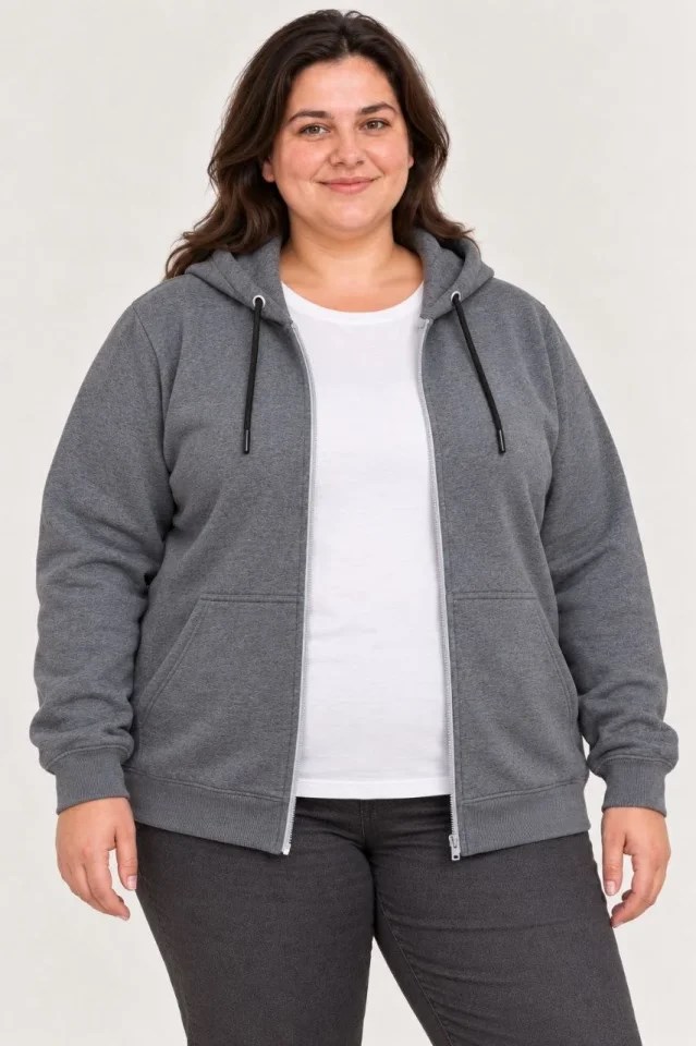 Battal Büyük Beden Üç İplik İçi Şardonlu Kapüşonlu Tam Fermuarlı Kışlık Sweatshirt - Füme
