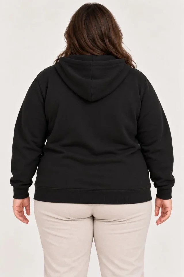 Battal Büyük Beden Üç İplik İçi Şardonlu Kapüşonlu Tam Fermuarlı Kışlık Sweatshirt - Siyah