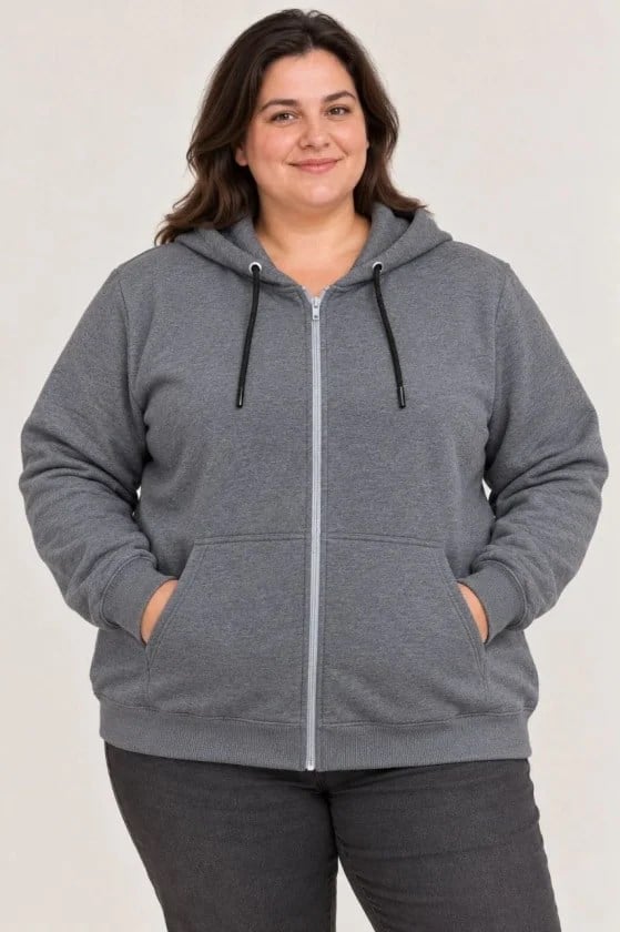 Battal Büyük Beden Üç İplik İçi Şardonlu Kapüşonlu Tam Fermuarlı Kışlık Sweatshirt - Füme