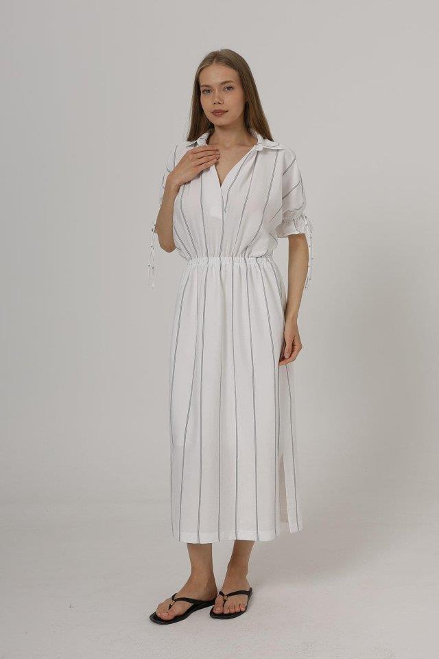 Beli Lastikli Elbise - Beyaz