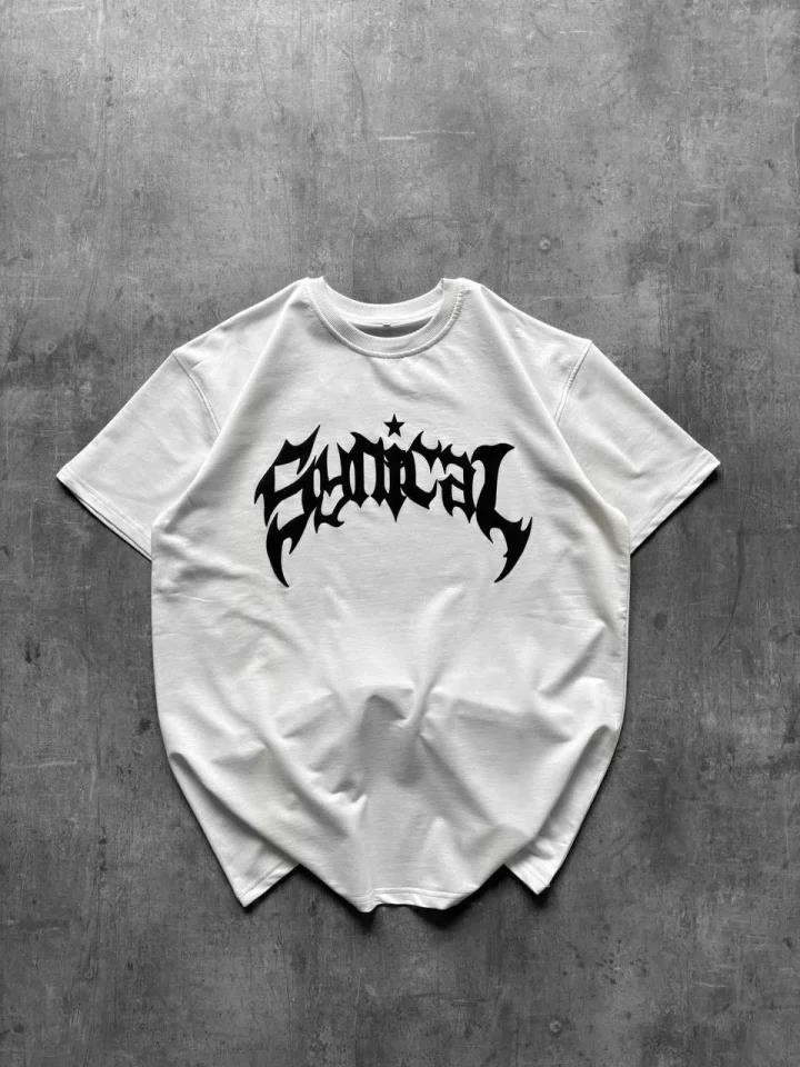 Bisiklet Yaka Ön Baskılı Kısa Kollu Tişört Streetwear Günlük Basic Pamuklu T-shirt - Beyaz