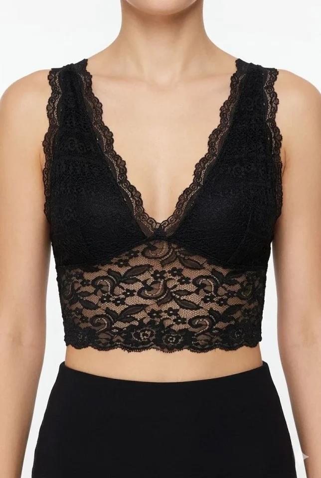 Dantel Bralet Crop Sütyen V Yaka Askılı Şık Esnek Rahat - Siyah