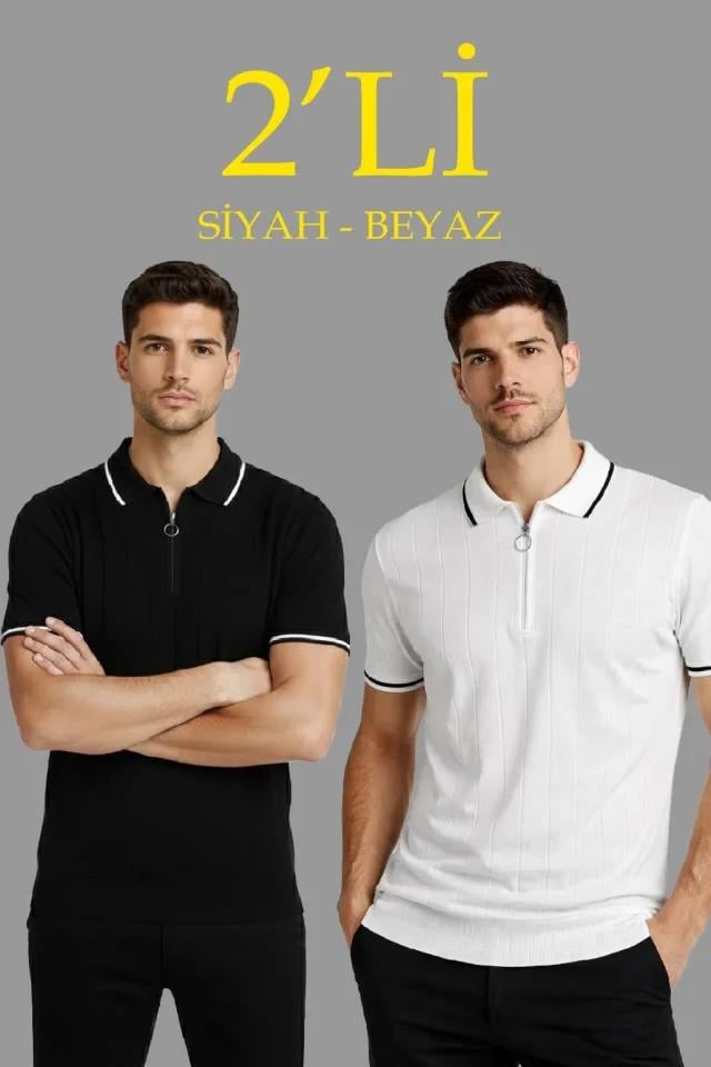 Erkek 2’li Paket Dokuma Triko  Fermuarlı Yakalı Fitilli Kısa Kollu Regular Fit Tişört - Beyaz - Siyah