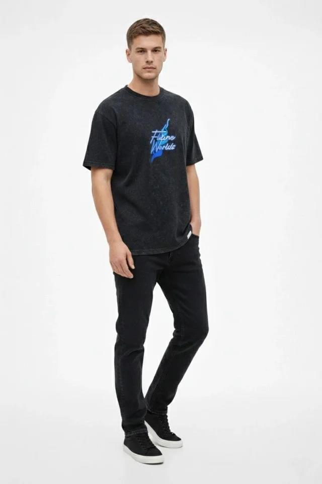 Erkek Asit Yıkamalı Oversize Tişört Future Worlds Baskılı Bisiklet Yaka Kısa Kollu Streetwear %100 Pamuk Street Style T-Shirt - Siyah