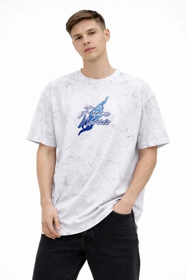 Erkek Asit Yıkamalı Oversize Tişört Future Worlds Baskılı Bisiklet Yaka Kısa Kollu Streetwear %100 Pamuk Street Style T-Shirt - Beyaz