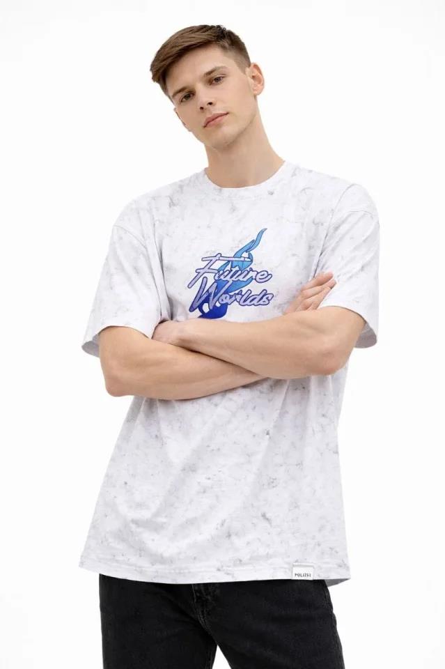 Erkek Asit Yıkamalı Oversize Tişört Future Worlds Baskılı Bisiklet Yaka Kısa Kollu Streetwear %100 Pamuk Street Style T-Shirt - Beyaz