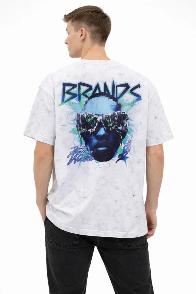 Erkek Asit Yıkamalı Oversize Tişört Future Worlds Baskılı Bisiklet Yaka Kısa Kollu Streetwear %100 Pamuk Street Style T-Shirt - Beyaz