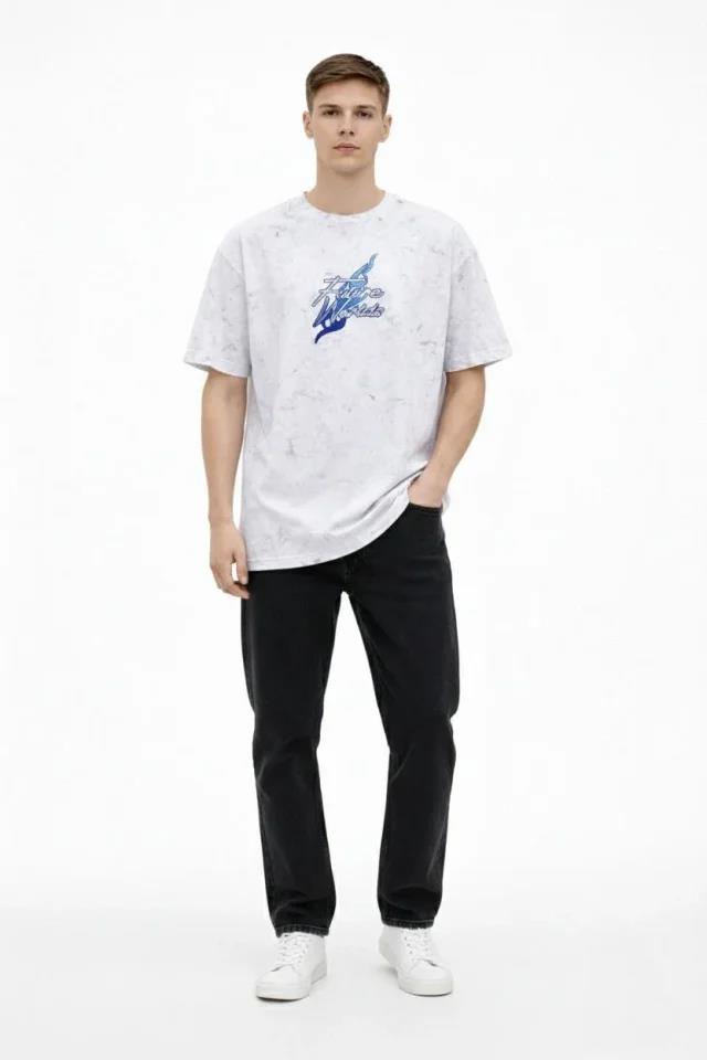 Erkek Asit Yıkamalı Oversize Tişört Future Worlds Baskılı Bisiklet Yaka Kısa Kollu Streetwear %100 Pamuk Street Style T-Shirt - Beyaz