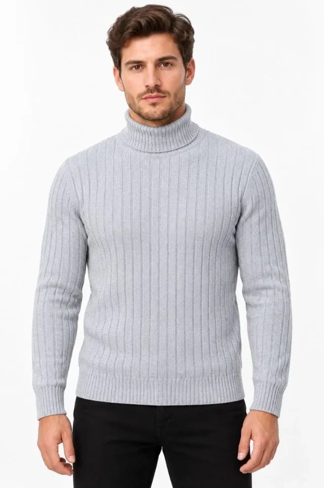 Erkek Balıkçı Yaka Tam Boğazlı Kalın Fitilli Regular Fit Triko Kazak - Gri