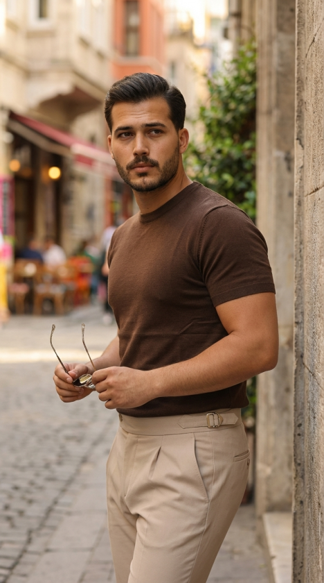 Erkek Basic Bisiklet Yaka Kısa Kollu Triko Tişört - %100 Pamuk Akrilik