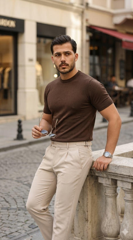 Erkek Basic Bisiklet Yaka Kısa Kollu Triko Tişört - %100 Pamuk Akrilik