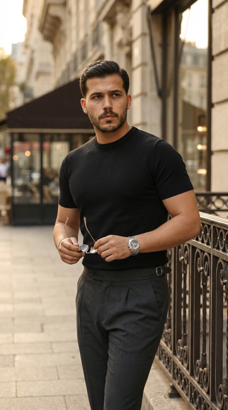 Erkek Basic Bisiklet Yaka Kısa Kollu Triko Tişört - %100 Pamuk Akrilik