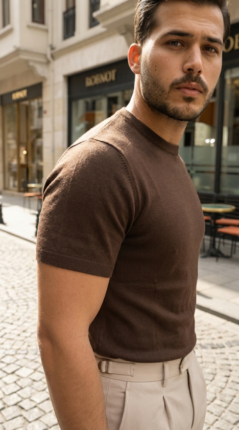 Erkek Basic Bisiklet Yaka Kısa Kollu Triko Tişört - %100 Pamuk Akrilik