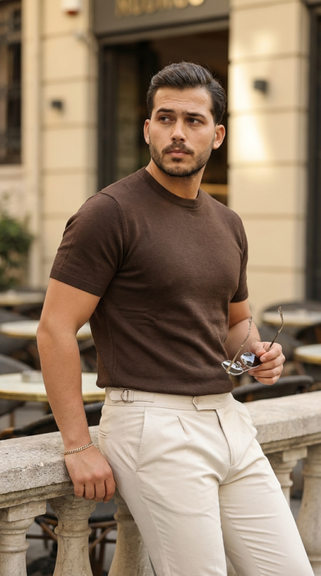 Erkek Basic Bisiklet Yaka Kısa Kollu Triko Tişört - %100 Pamuk Akrilik