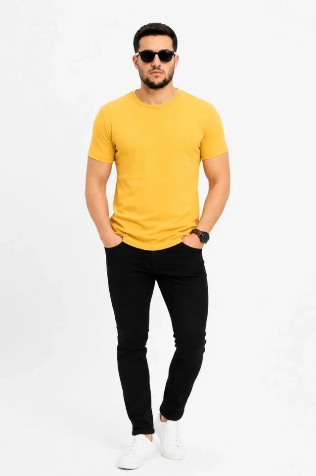 Erkek Basic Tişört Bisiklet Yaka Kısa Kol Günlük Yazlık Slim Fit T-Shirt - Sarı