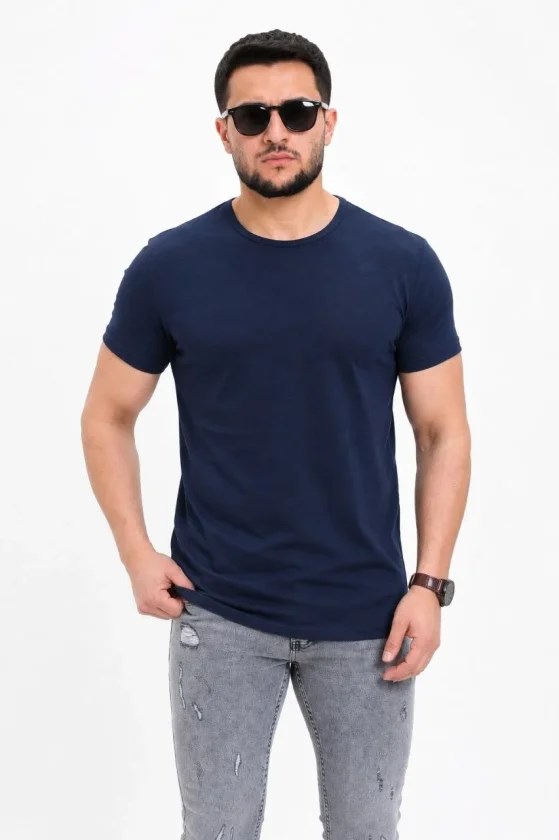 Erkek Basic Tişört Bisiklet Yaka Kısa Kol Günlük Yazlık Slim Fit T-Shirt - Lacivert