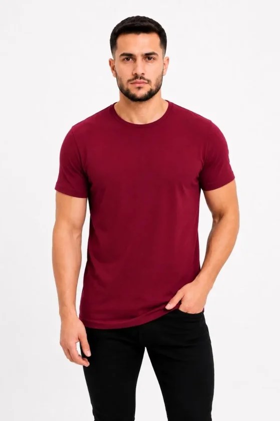 Erkek Basic Tişört Bisiklet Yaka Kısa Kol Günlük Yazlık Slim Fit T-Shirt - Bordo
