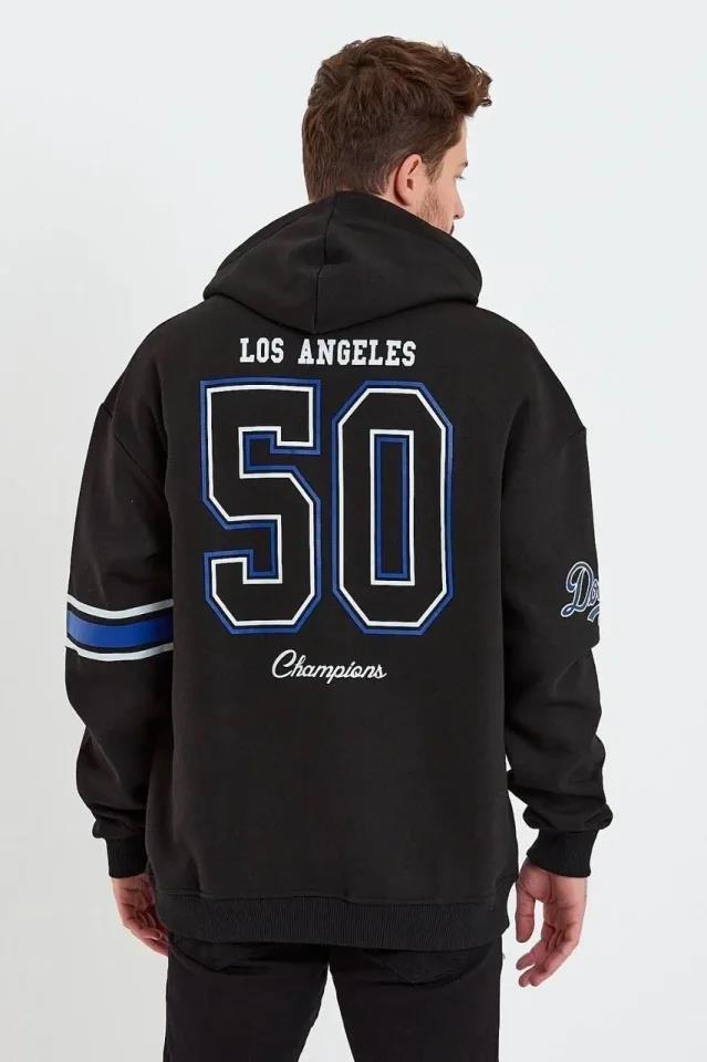 Erkek Baskılı Kapşonlu Üç Iplik Oversize Sweatshirt - Siyah