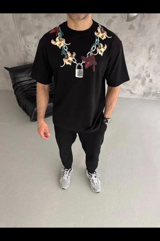 Erkek Baskılı T-Shirt Kısa Kol Bisiklet Yaka Regular Fit Rahat Kalıp Günlük Tişört - Siyah