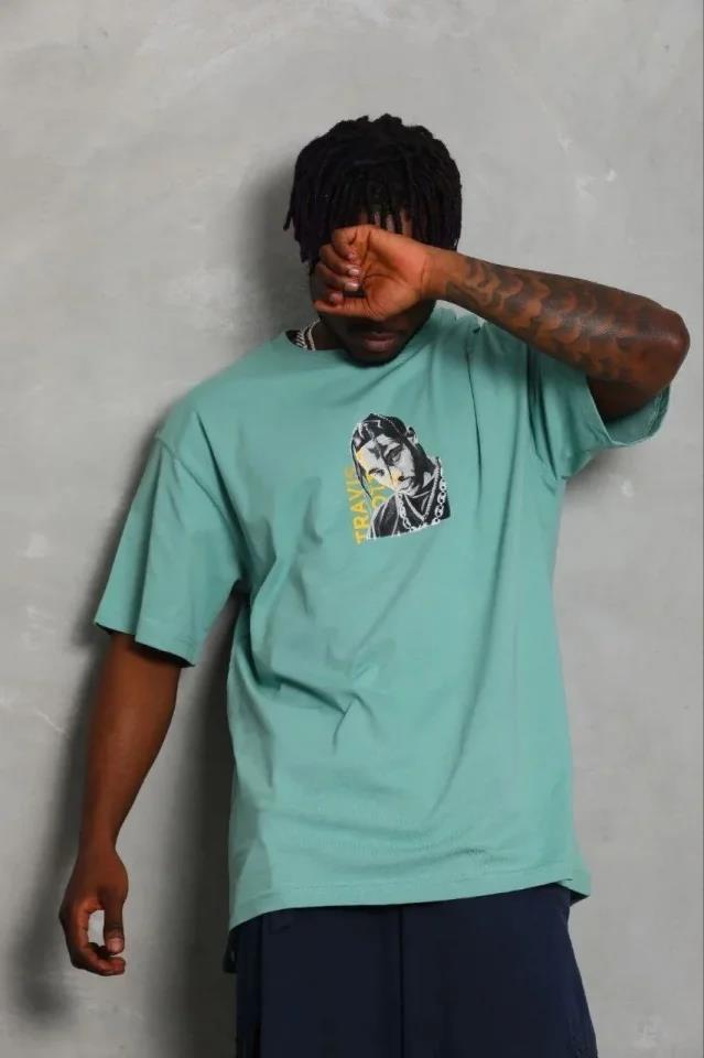 Erkek Baskılı T-Shirt Kısa Kol Bisiklet Yaka Regular Fit Rahat Kalıp Günlük Tişört - Mint Yeşili