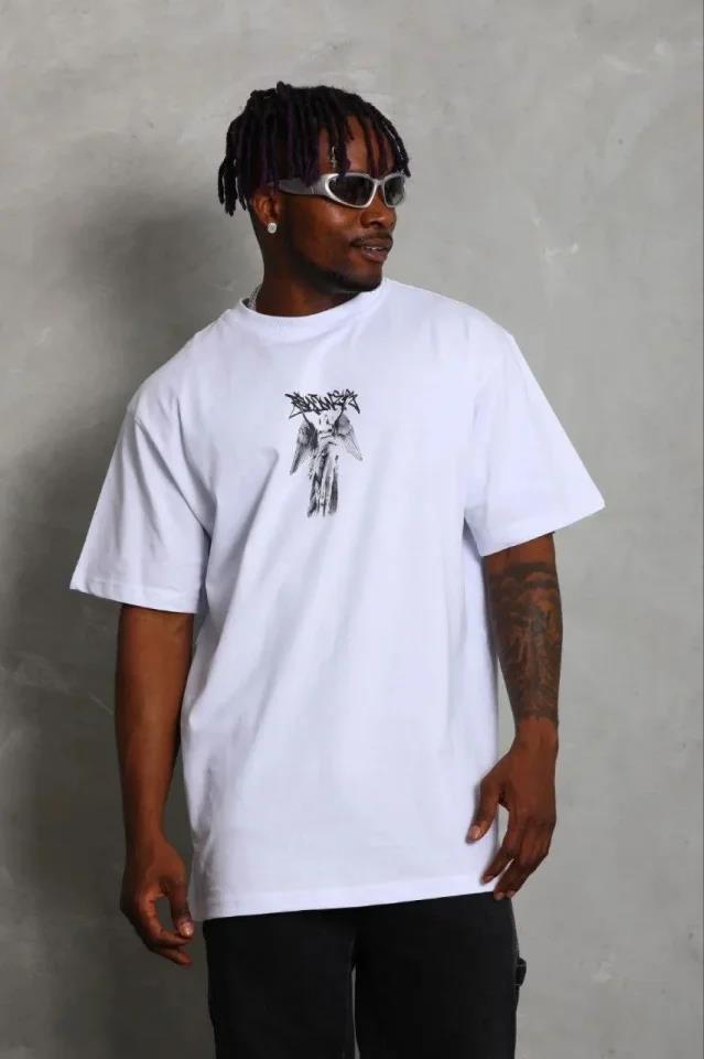 Erkek Baskılı T-Shirt Kısa Kol Bisiklet Yaka Regular Fit Rahat Kalıp Günlük Tişört - Beyaz