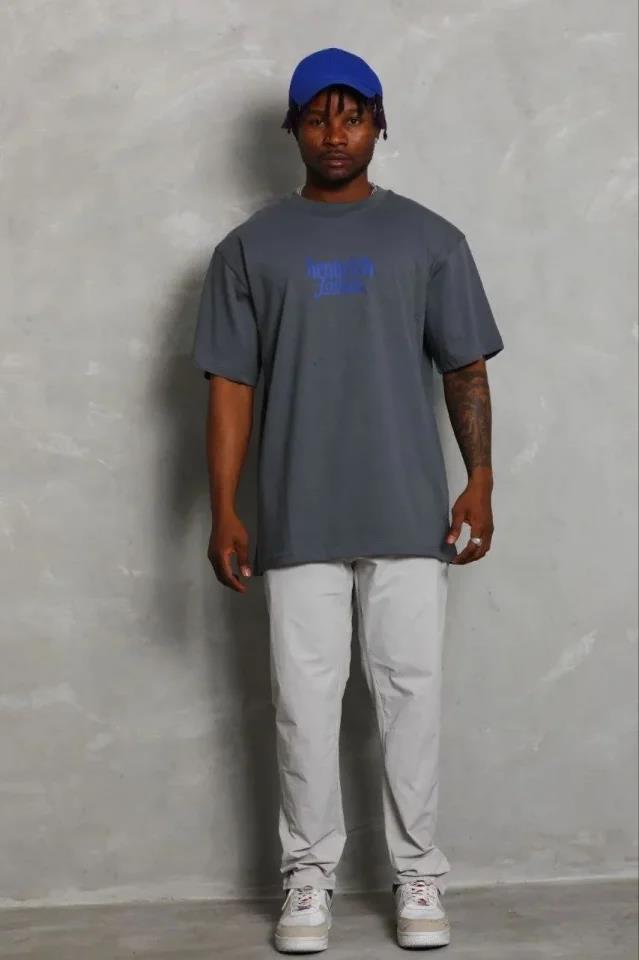 Erkek Baskılı T-Shirt Kısa Kol Bisiklet Yaka Regular Fit Rahat Kalıp Günlük Tişört - Füme