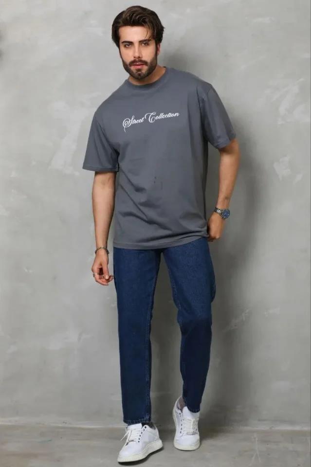 Erkek Baskılı T-Shirt Kısa Kol Bisiklet Yaka Regular Fit Rahat Kalıp Günlük Tişört - Füme
