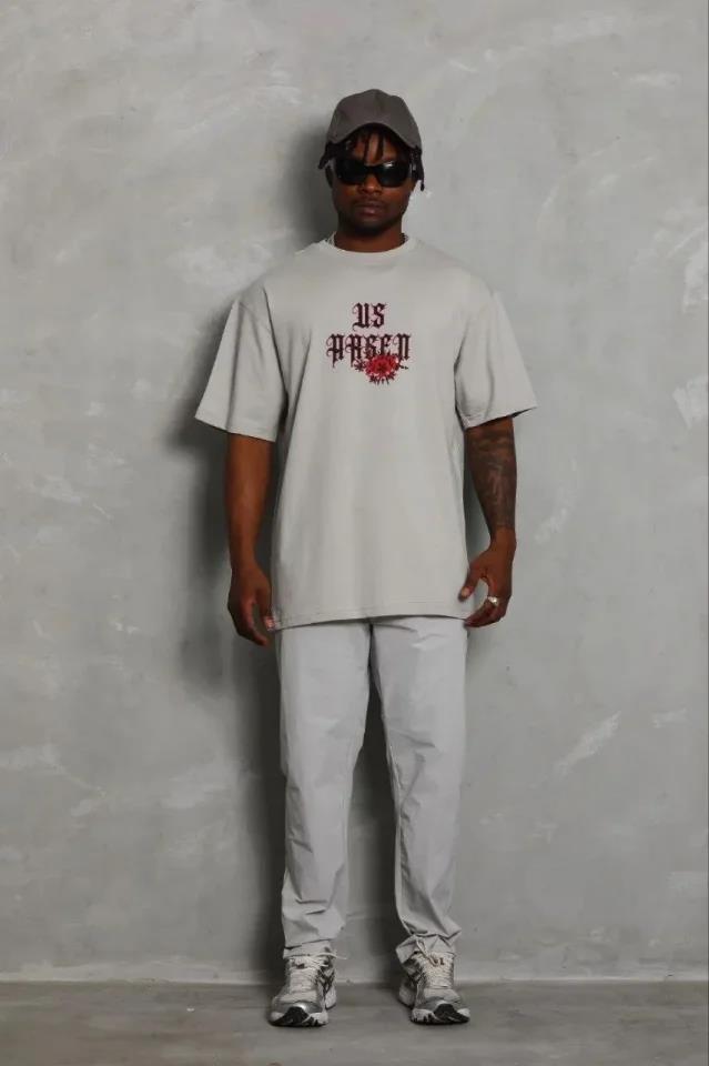 Erkek Baskılı T-Shirt Kısa Kol Bisiklet Yaka Regular Fit Rahat Kalıp Günlük Tişört - Gri
