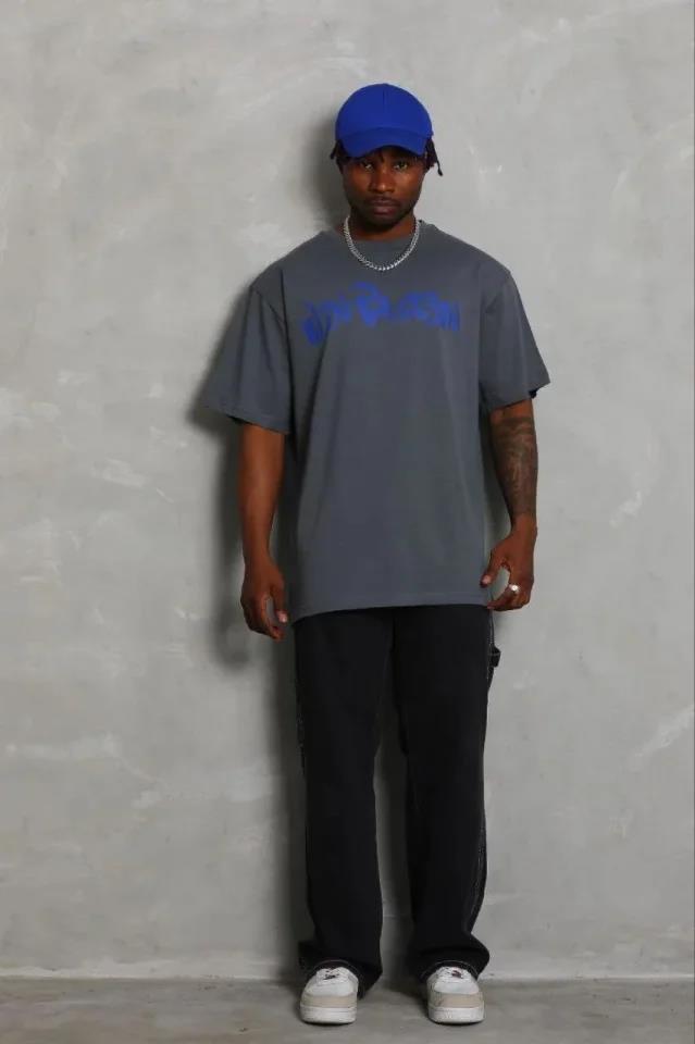 Erkek Baskılı T-Shirt Kısa Kol Bisiklet Yaka Regular Fit Rahat Kalıp Günlük Tişört - Füme