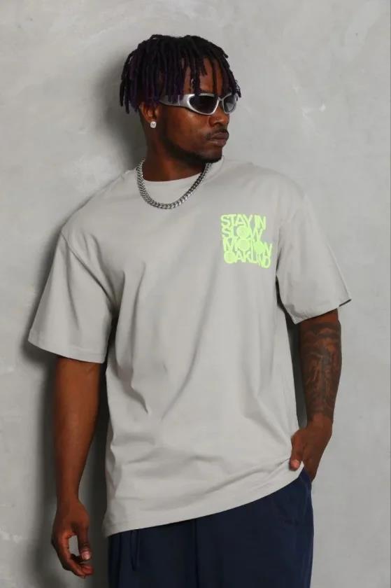 Erkek Baskılı T-Shirt Kısa Kol Bisiklet Yaka Regular Fit Rahat Kalıp Günlük Tişört - Gri