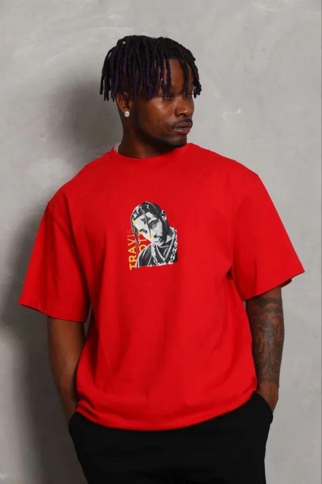 Erkek Baskılı T-Shirt Kısa Kol Bisiklet Yaka Regular Fit Rahat Kalıp Günlük Tişört - Kırmızı