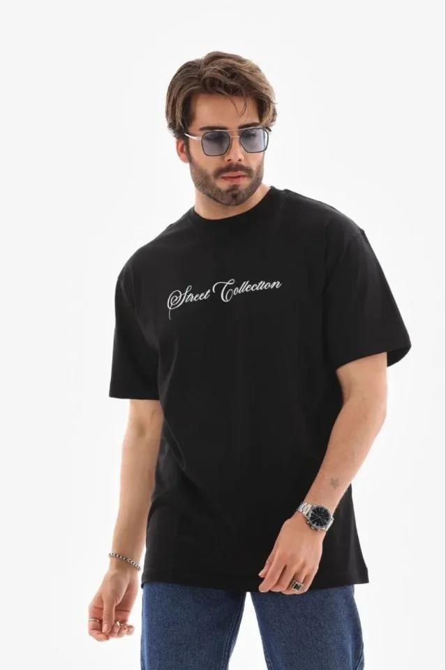 Erkek Baskılı T-Shirt Kısa Kol Bisiklet Yaka Regular Fit Rahat Kalıp Günlük Tişört - Siyah