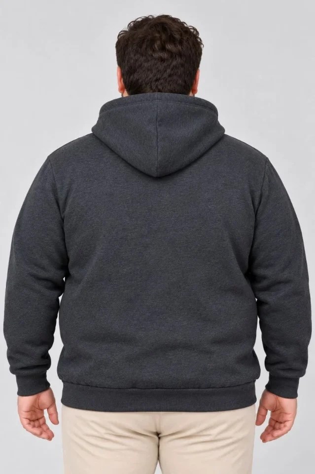 Erkek Battal Büyük Beden Üç İplik İçi Şardonlu Kapüşonlu Kanguru Cepli Kışlık Sweatshirt - Füme