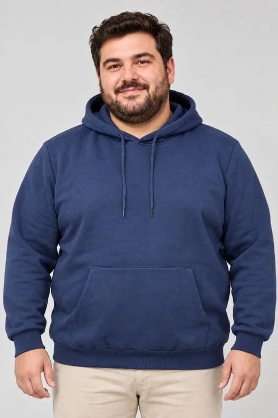 Erkek Battal Büyük Beden Üç İplik İçi Şardonlu Kapüşonlu Kanguru Cepli Kışlık Sweatshirt - Lacivert