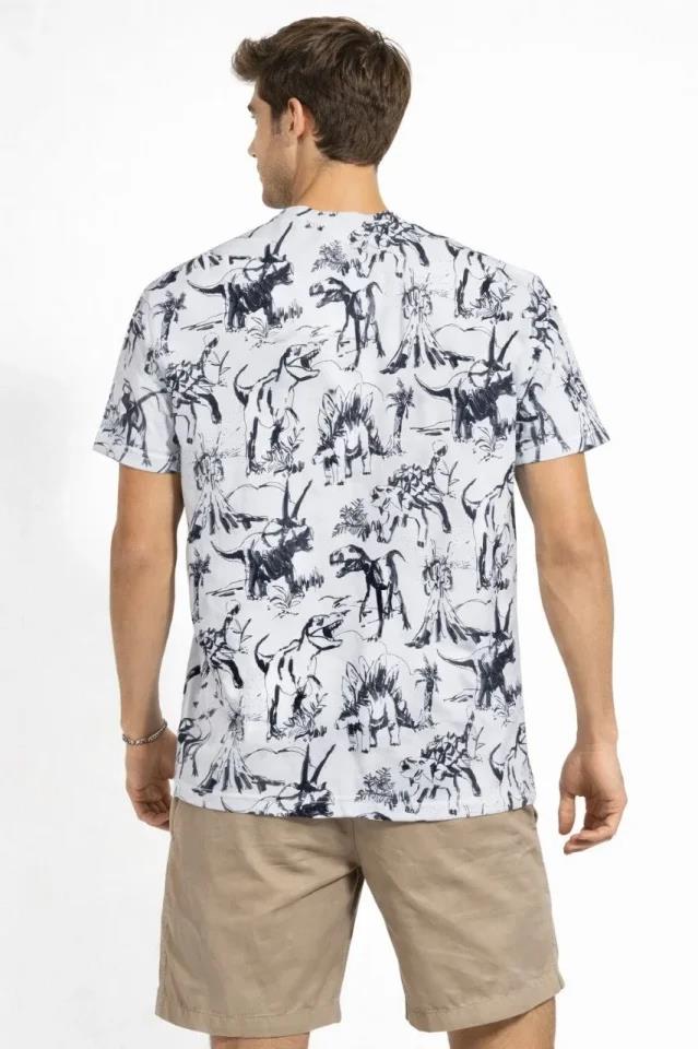 Erkek Beyaz Dinozor Desenli Tişört – Regular Fit, Bisiklet Yaka, Dijital Baskılı Pamuklu T-Shirt - Beyaz