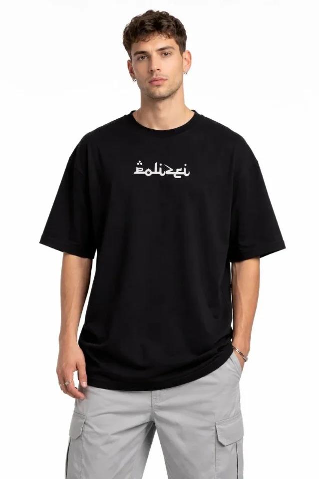 Erkek Bisiklet Yaka Baskılı Kısa Kollu Tişört Streetwear Günlük Basic Pamuklu T-shirt - Siyah