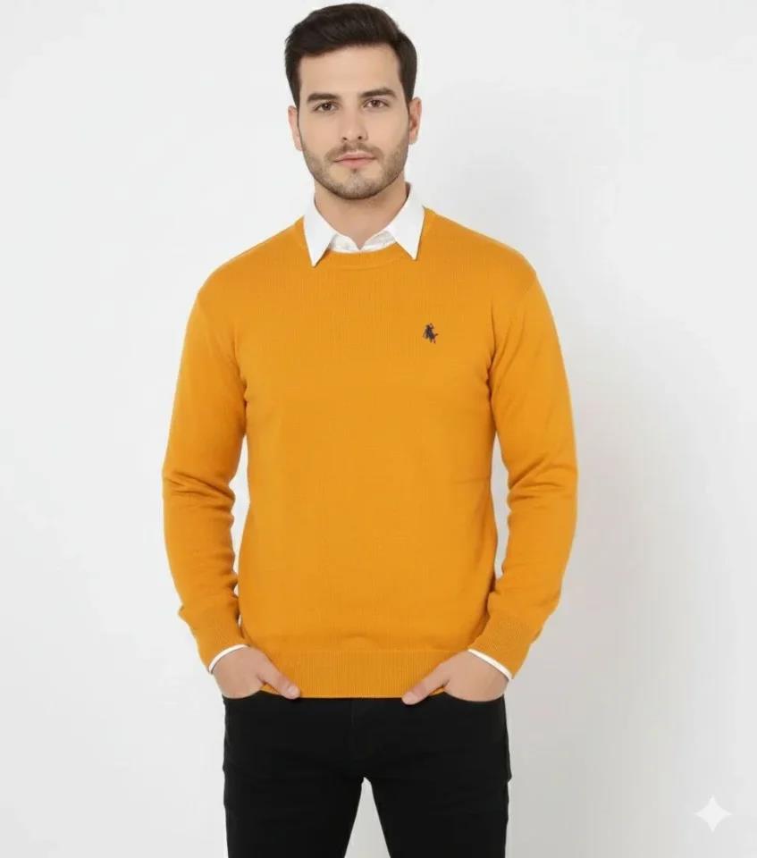 Erkek Bisiklet Yaka Nakış Işlemeli Triko Kazak Yumuşak Dokulu Pamuklu Ince Dokuma, Uzun Kollu Rahat Regular Kalıp - Turuncu