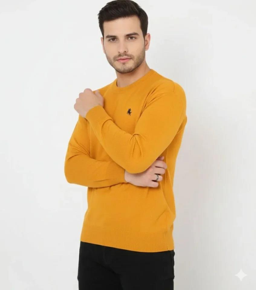 Erkek Bisiklet Yaka Nakış Işlemeli Triko Kazak Yumuşak Dokulu Pamuklu Ince Dokuma, Uzun Kollu Rahat Regular Kalıp - Turuncu