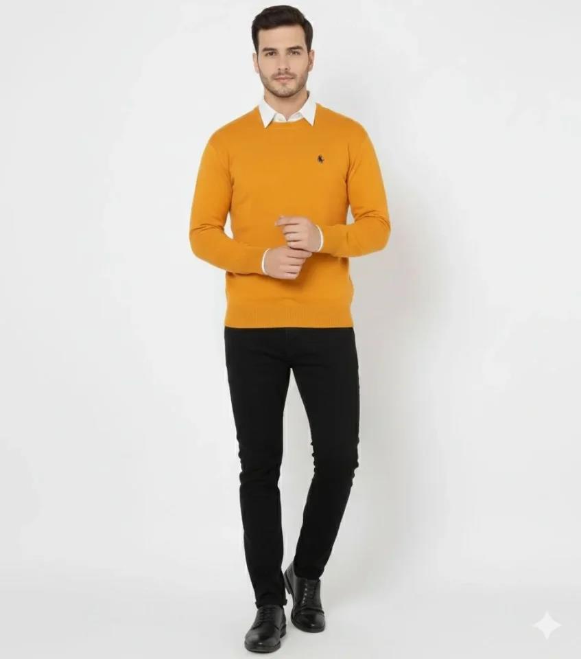 Erkek Bisiklet Yaka Nakış Işlemeli Triko Kazak Yumuşak Dokulu Pamuklu Ince Dokuma, Uzun Kollu Rahat Regular Kalıp - Turuncu