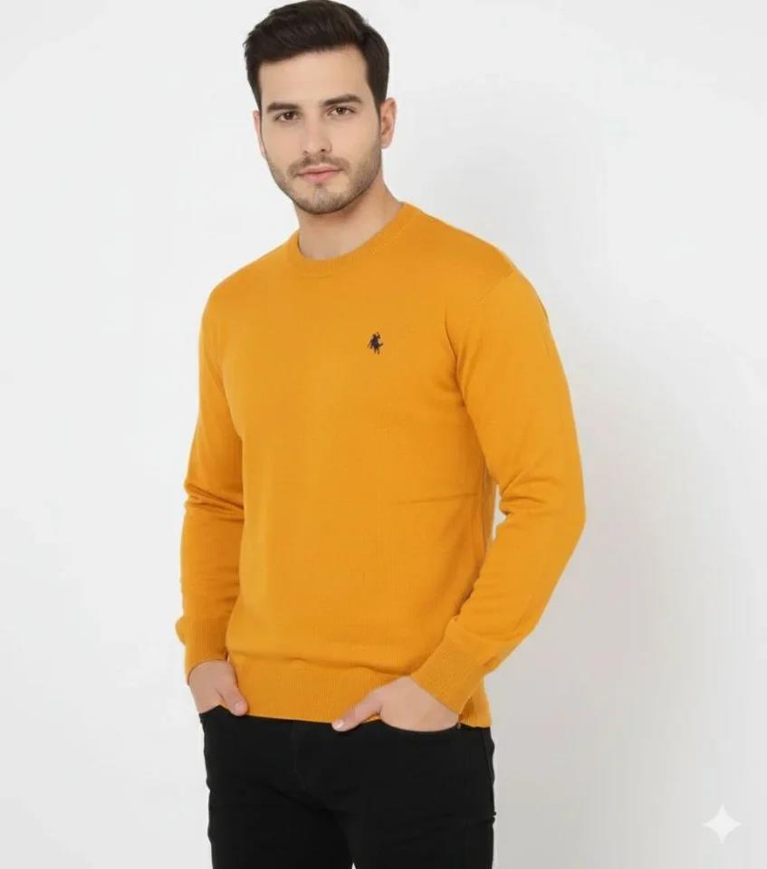 Erkek Bisiklet Yaka Nakış Işlemeli Triko Kazak Yumuşak Dokulu Pamuklu Ince Dokuma, Uzun Kollu Rahat Regular Kalıp - Turuncu