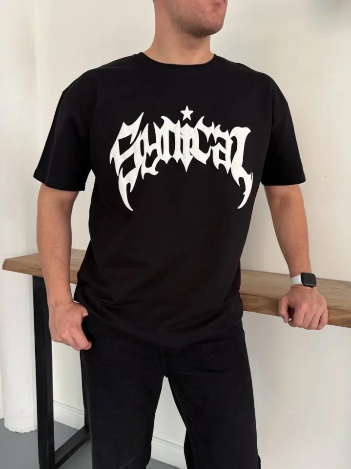 Erkek Bisiklet Yaka Ön Baskılı  Kısa Kollu Tişört Streetwear Günlük Basic Pamuklu T-shirt - Siyah