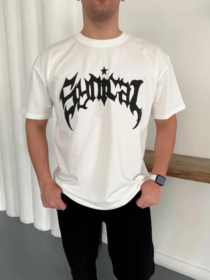 Erkek Bisiklet Yaka Ön Baskılı Kısa Kollu Tişört Streetwear Günlük Basic Pamuklu T-shirt - Beyaz