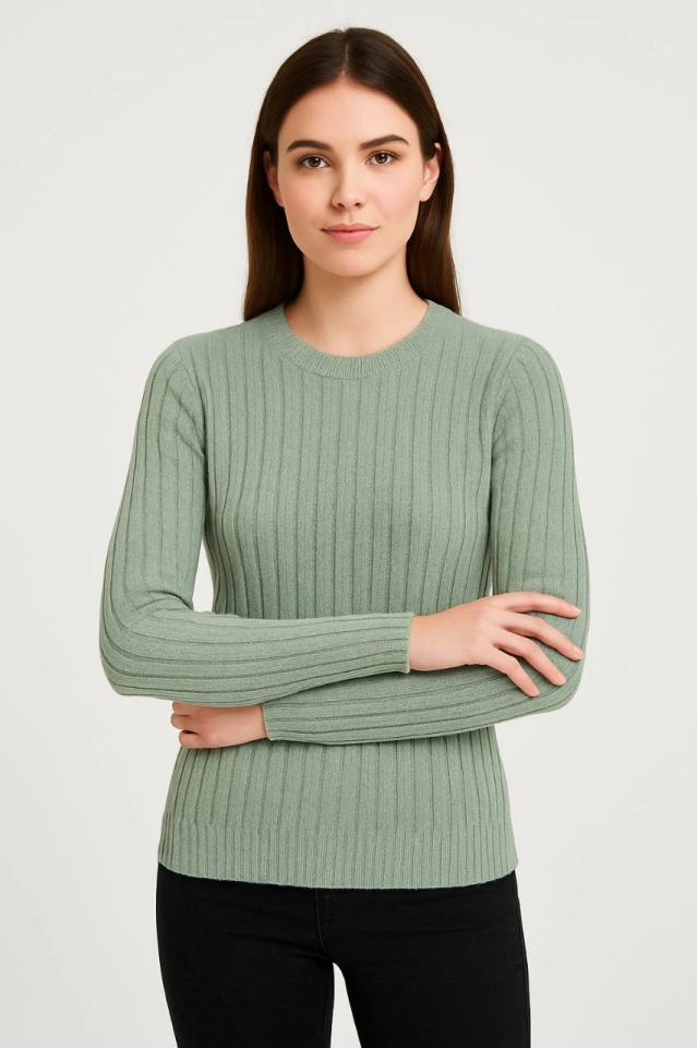 Erkek Bisiklet Yuvarlak Yaka Triko Kazak Pamuklu Kalın Fitilli Dokuma, Regular Fit Uzun Kollu Kışlık Model - Mint Yeşili
