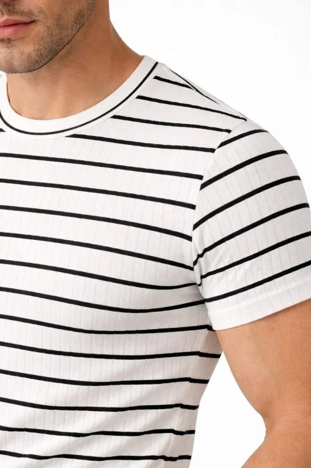 Erkek Çizgili Yazlık Triko T-Shirt Slim Fit Dar Kesim Body Bisiklet Yaka - Beyaz