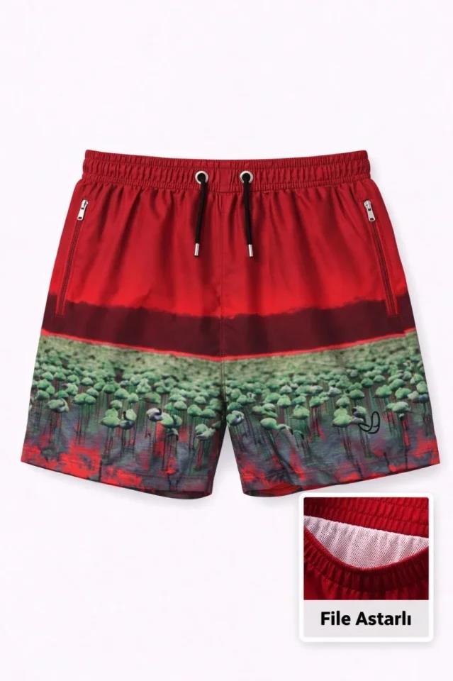Erkek Deniz Şortu Fermuarlı Cepli File Astarlı Hızlı Kuruyan Premium - Kırmızı