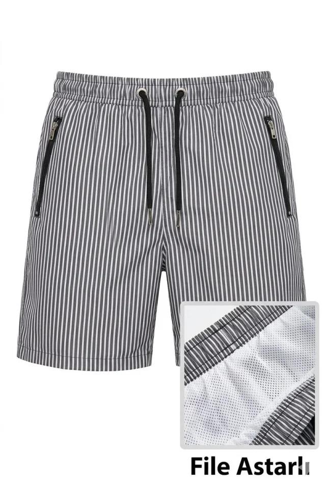 Erkek Deniz Şortu Fermuarlı Cepli File Astarlı Hızlı Kuruyan Premium - Siyah