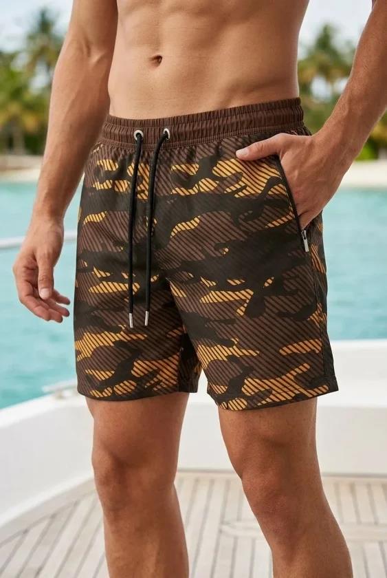 Erkek Deniz Şortu Fermuarlı Cepli File Astarlı Hızlı Kuruyan Premium - Kahverengi