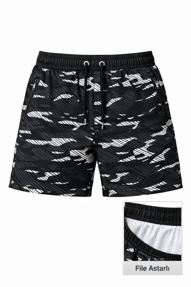 Erkek Deniz Şortu Fermuarlı Cepli File Astarlı Hızlı Kuruyan Premium - Siyah